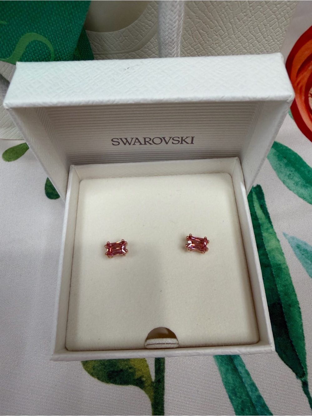 Swarovski Rose Pink Rectangular Crystal Stud Earrings